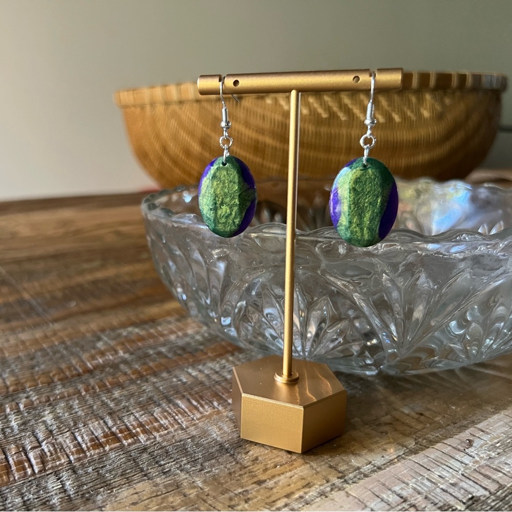 Emerald & Violet Resin Gemstone Earrings | Sterling Silver Hypoallergenic Hooks